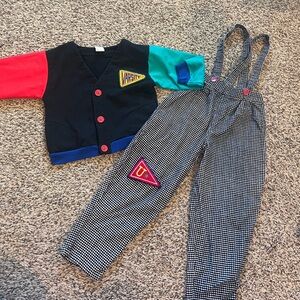 Vintage 90s Colorful Varsity Jacket and Overalls Set